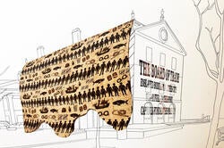 Drawing of Market House with student textile depicting slavery draped over the top