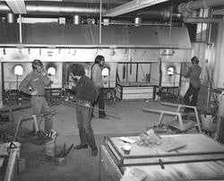 glass-blowing studio black and white historical photo
